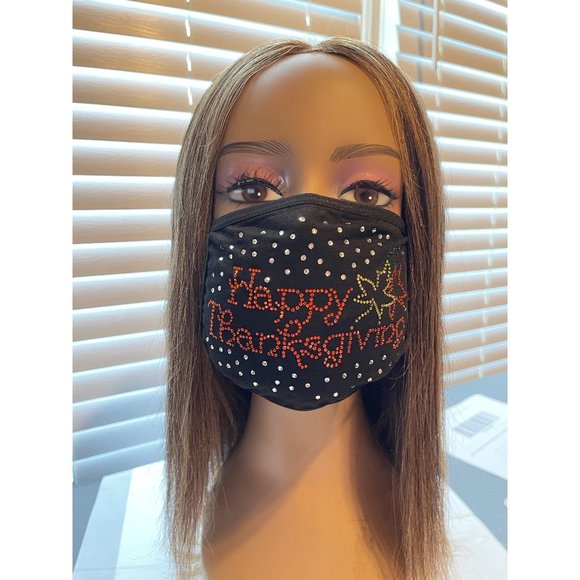 Happy Thanksgiving Bling Rhinestone Face Mask - Picture 1 of 10